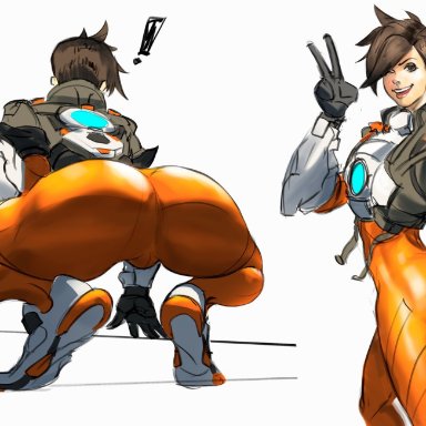 overwatch, overwatch 2, tracer, mashingvaquita, !, 1girls, armor, ass, ass focus, big ass, bodysuit, brown eyes, brown hair, calves, chronal accelerator