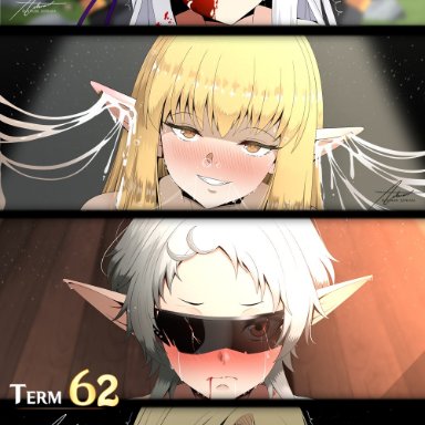 dungeon meshi, mushoku tensei, sousou no frieren, emilia (re:zero), marcille donato, serie (sousou no frieren), sylphiette (mushoku tensei), astraea (atelierastraea), :o, 4girls, blonde hair, blood, blood on face, blush, brown eyes