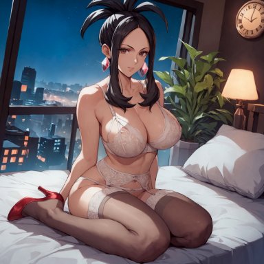 game freak, nintendo, pokemon, pokemon sv, dendra (pokemon), pokemon trainer, alex-schura, 1girls, bare arms, bare legs, bare shoulders, bare thighs, bed, big breasts, black hair