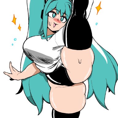 vocaloid, hatsune miku, dizzyspells, big breasts, blue eyes, blue hair, cyan hair, fgrpornit, shorts, sportswear, thick thighs, thighhighs, twintails