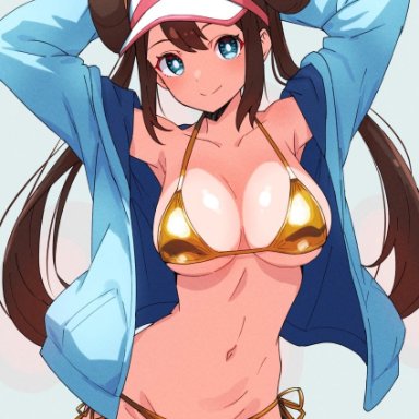 game freak, nintendo, pokemon, pokemon (game), pokemon bw2, rosa (pokemon), kamidan, 1female, 1girls, bikini, bikini bottom, bikini top, blue eyes, breasts, brown eyebrows