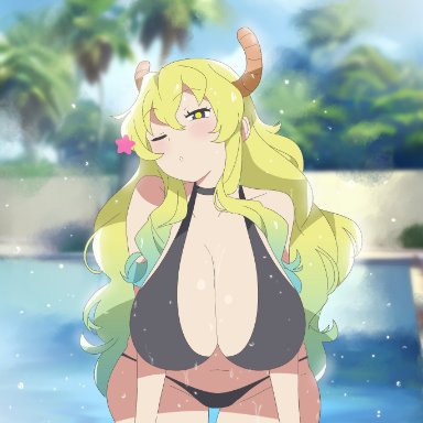 miss kobayashi's dragon maid, lucoa, quetzalcoatl (dragon maid), r3dfive, 1girls, big breasts, bikini, blonde hair, blush, busty, cleavage, dripping wet, horns, multicolored hair, pool