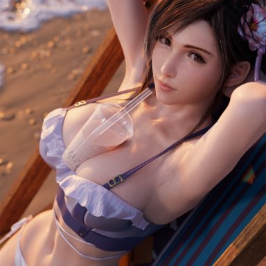 final fantasy, final fantasy vii, final fantasy vii rebirth, final fantasy vii remake, tifa lockhart, billyhhyb, armpits, athletic, athletic female, beach, big breasts, bikini, black hair, breasts, bubble tea