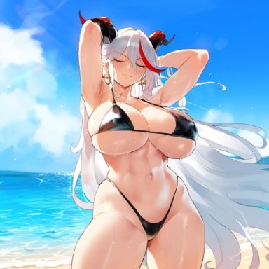 azur lane, aegir (azur lane), henrik n, beach, female, huge breasts, light-skinned female, looking at viewer, massive breasts, mommy, pale skin, pale-skinned female, posing for the viewer, skimpy bikini, slutty outfit