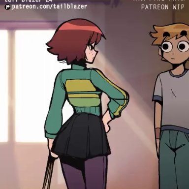 scott pilgrim, kim pine, scott w pilgrim, tail-blazer, 1boy, 1girls, ass, ass expansion, ass focus, bottom heavy, cellulite, embarrassed, fully clothed, jiggling ass, looking back