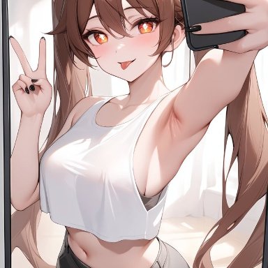 genshin impact, hu tao (genshin impact), 1girls, armpits, breasts, clothed, clothing, midriff, mirror selfie, peace sign, selfie, solo, tongue, tongue out, twintails