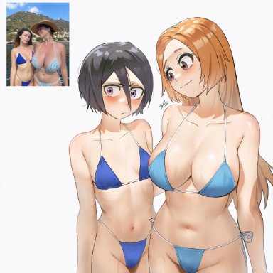 bleach, inoue orihime, kuchiki rukia, waligner, beach, big breasts, bikini, bikini top, breasts, duo, female, flat chest, petite, skinny, small breasts