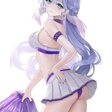 honkai: star rail, robin (honkai: star rail), 1girls, angel halo, angel wings, arched back, ass, blue hair, cheerleader, cheerleader outfit, cheerleader uniform, earrings, emerald eyes, green eyes, large breasts