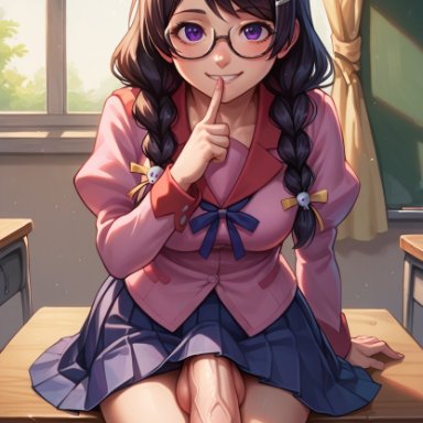 bakemonogatari, kizumonogatari, monogatari (series), hanekawa tsubasa, babski326, 1futa, balls, bangs, black hair, black socks, blue skirt, blush, braid, breasts, classroom