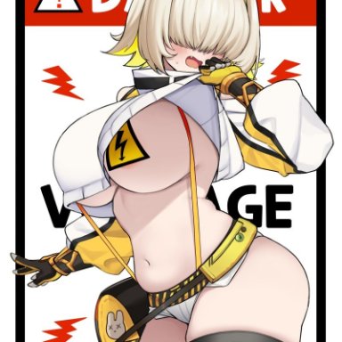 goddess of victory: nikke, elegg (nikke), nago purin, ahoge, blonde hair, breasts, clothes lift, cute fang, embarrassed, female, hair over eyes, huge breasts, navel, no bra, oerba yun fang