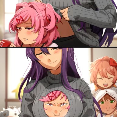 doki doki literature club, yuri (doki doki literature club), khyleri, 4girls, blush, female, female only, human, long hair, multiple girls, pink hair, purple hair, short hair, turtleneck, yuri