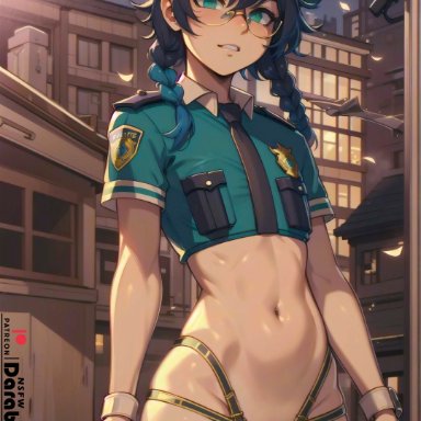 genshin impact, patreon, venti (genshin impact), darabri, 1boy, abs, abstract background, beige skin, blue hair, braided hair, braided twintails, bulge, bulge through clothing, cleavage, cop