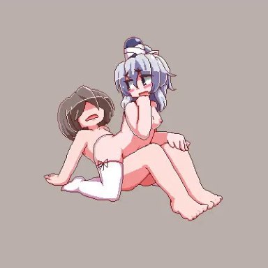 touhou, mononobe no futo, aoihitsuji, 1boy, 1girls, blush, breasts, brown hair, cum, ejaculation, full body, gray hair, grey background, grey hair, nipples