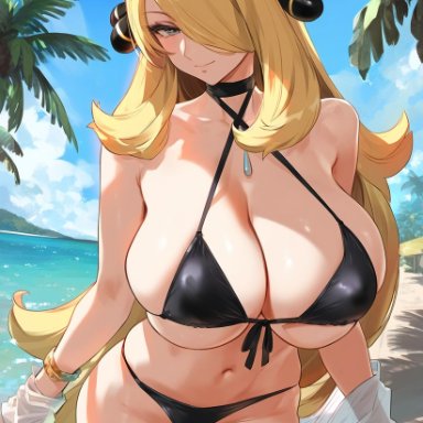 game freak, nintendo, pokemon, pokemon dppt, cynthia (pokemon), pokemon champion, pokemon trainer, flamingpassion, 1girls, bare arms, bare legs, bare shoulders, bare thighs, big breasts, bikini