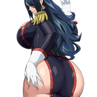 mato seihei no slave, azuma fubuki, iwao178, blue eyes, blue hair, braid, gloves, hair over one eye, hand on ass, hand on butt, huge breasts, large ass, long hair, looking at viewer, looking back