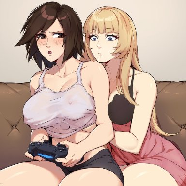 namco, tekken, emilie de rochefort, kazama asuka, allen skies, 2girls, bare shoulders, blush, breasts, brown eyes, brown hair, cleavage, controller, game controller, gamepad