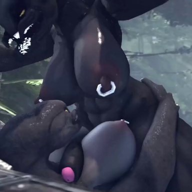 pokemon, female sangheili, sangheili, rayhuma, 2futas, anal, anthro, areolae, autopaizuri, back, back view, backsack, big ass, big balls, big breasts