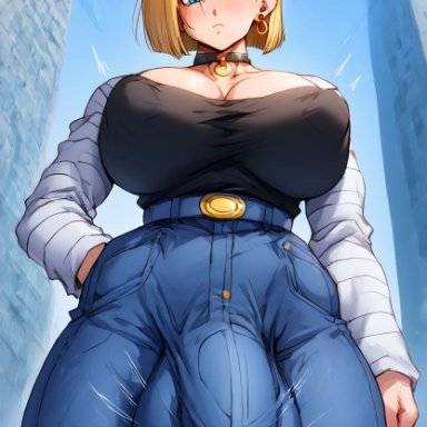 dragon ball z, android 18, 1futa, bulge, crotch bulge, futa only, futanari, huge balls, huge cock, penis bulge, sky, solo, ai generated, kunaboto (style)