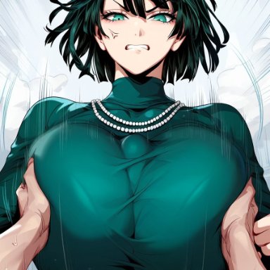 one-punch man, fubuki (one-punch man), anger vein, angry, angry face, angry sex, breast squeeze, breasts, clothed breasts, clothed female, clothed paizuri, clothed titjob, fondle, forced, grabbing breasts