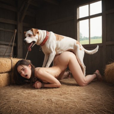 insertusername, barn, bondage, brown hair, canine, female, zoophilia, ai generated