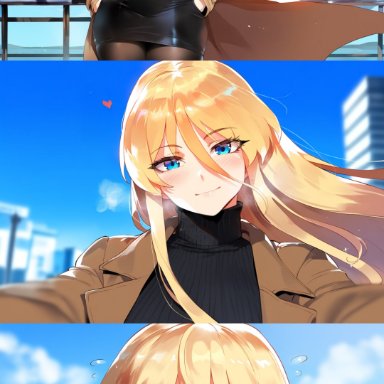 azur lane, bismarck (azur lane), henrik n, blonde hair, blue eyes, close-up, closed eyes, clothed female, cute, huge breasts, kissing, light-skinned female, light-skinned male, massive breasts, pov