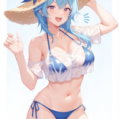 genshin impact, hoyoverse, mihoyo, eula (genshin impact), 1girls, alternate costume, belly button, big breasts, bikini, blue bikini, blue hair, bra, day, female, female focus