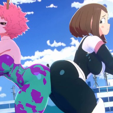 my hero academia, anonymous character, mina ashido, ochako uraraka, scrag boy, 2girls, ass, ass focus, ass press, ass smash, between ass, boots, extreme size difference, giantess, impact effect