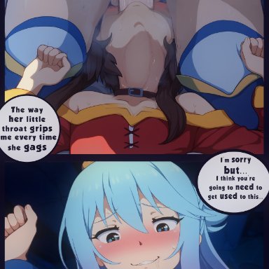 aqua (konosuba), megumin, latbjorn ai, 2girls, ass, bare shoulders, black choker, blue eyes, blue hair, blush, breasts, brown hair, choker, clothing, deepthroat