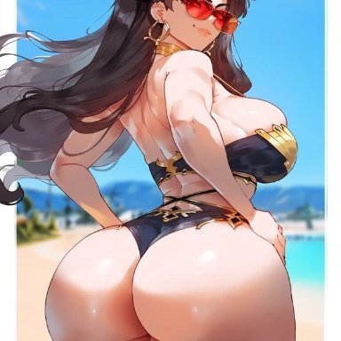 fate (series), fate/grand order, ishtar (fate), liu (artist), 1girls, ass, bikini, black hair, dat ass, earrings, female only, gold, hands on hips, lips, long hair