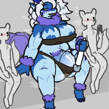 lazyyysheep, 1futa, 2boys, anthro, aphrodisiac, areolae, balls, blue fur, breast sucking, breastfeeding, breasts, clothed, clothing, erection, exhibitionism