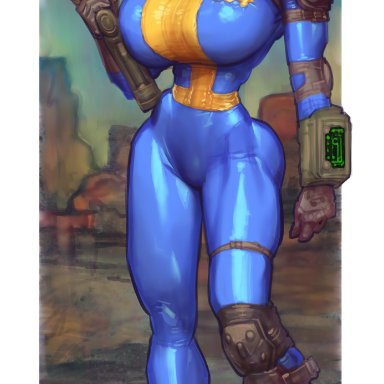 fallout, vault dweller, vault girl, theofficialpit, 1girls, ass, big ass, big breasts, bimbo, bimbo body, bimbo lips, blonde hair, boots, breasts, busty