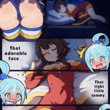 aqua (konosuba), megumin, latbjorn ai, 2girls, ass, ass focus, asymmetrical legwear, bandaged leg, bandages, bangs, bare shoulders, bent over, black choker, blue eyes, blue hair