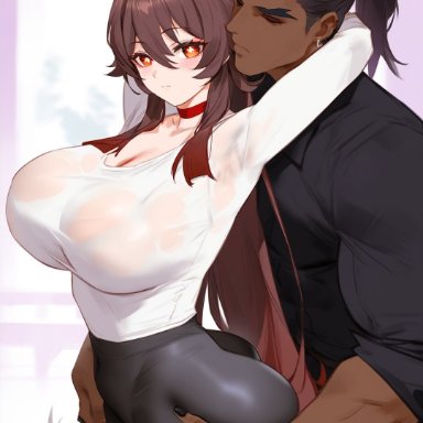 genshin impact, hu tao (genshin impact), 1boy, 1girls, boobs and butt pose, breasts, dark-skinned male, grabbing, grabbing ass, grabbing from behind, interracial, light-skinned female, straight, ai generated