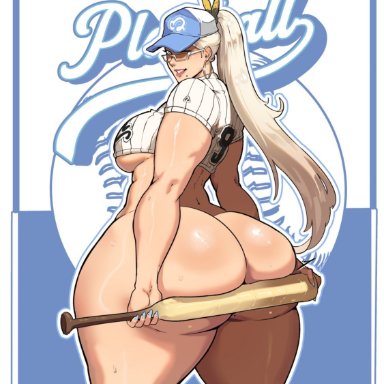 fajji, donaught, 1futa, baseball bat, baseball cap, baseball uniform, big ass, bottom heavy, bottomless, earrings, feminine male, futanari, gigantic ass, glasses, huge ass