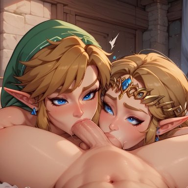 the legend of zelda, link, link (breath of the wild), princess zelda, ironart, 1girl, 2boys, ahe gao, ball sucking, balls, bedroom, big penis, bisexual, bisexual male, blonde hair