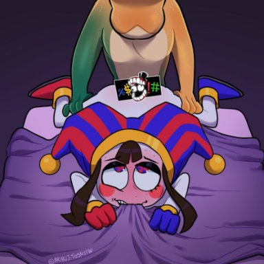 the amazing digital circus, aribujitosnsfw, 1boy1girl, anthro, anthro on human, anthro on humanoid, anthro penetrating, anthro penetrating human, ass, australian, bed, bedsheets, blush, cheek spots, clown