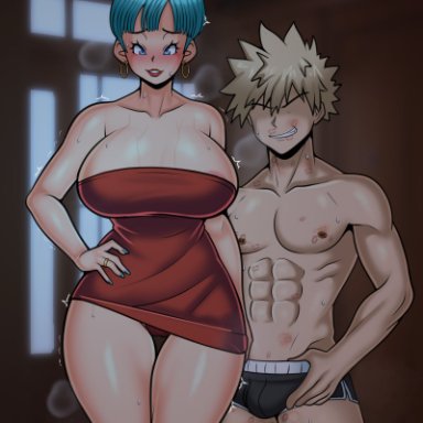 dragon ball, dragon ball z, my hero academia, bakugou katsuki, bulma briefs, katsuki bakugou, belmont, 1boy, 1girls, abs, bare arms, bare legs, bare shoulders, bare thighs, big breasts