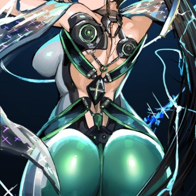 stellar blade, eve (stellar blade), oystar z3, 1girls, asian female, ass, ass focus, back view, big breasts, black hair, bodysuit, breasts, breedable, brown eyes, child bearing hips