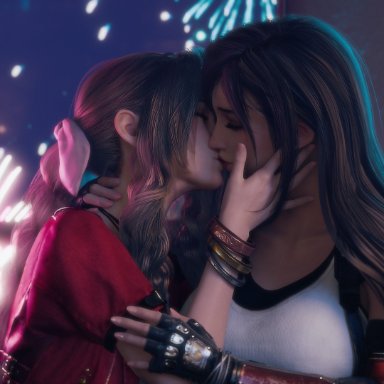 final fantasy, final fantasy vii, final fantasy vii rebirth, final fantasy vii remake, aerith gainsborough, tifa lockhart, ria (baka-neearts), ria-neearts, 2girls, aerial fireworks, black gloves, black hair, black undershirt, bracelets, braid