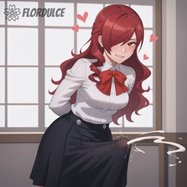 persona, persona 3, mitsuru kirijo, flordulce, bending forward, biting lip, cum, cumming, cumshot, ejaculation, erect penis, erection, erection under clothes, erection under clothing, erection under skirt