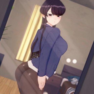 komi-san wa komyushou desu, komi shouko, 1boy, 1girls, cat ears, cellphone, cheating, dark-skinned male, interracial, light-skinned female, mirror, pantyhose, queen of spades, school uniform, animated