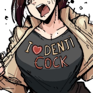 chainsaw man, higashiyama kobeni, mark gavatino, big breasts, blush, brown hair, loving sex, showing breasts, tongue out, tagme (artist)