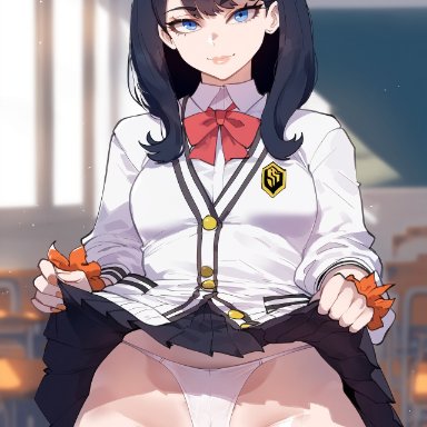 gridman universe, ssss.gridman, takarada rikka, creamy ai, black hair, blue eyes, curvy, medium breasts, pussy, skirt lift, thick thighs, white panties, wide hips, ai generated