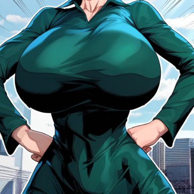 one-punch man, fubuki (one-punch man), breast focus, breasts bigger than head, city, city background, confused, flaunting, gravity defying breasts, green dress, green eyes, green hair, hands on hips, head out of frame, huge breasts