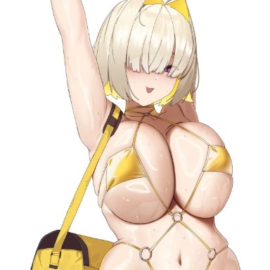 goddess of victory: nikke, elegg (nikke), tachibana-san, :3, :d, arms up, bag, bikini, blonde hair, breasts, colored inner hair, female, gold bikini, gold bracelet, gold choker