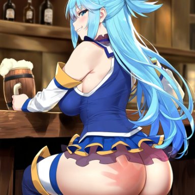 aqua (konosuba), alterism, 1girls, aqua eyes, ass, ass focus, big breasts, blue eyes, blue hair, curvaceous, curvy, curvy figure, detached sleeves, dress, drinking