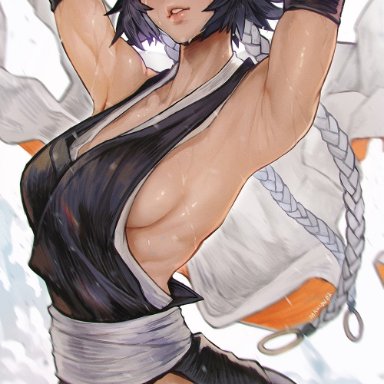 bleach, soifon, sui-feng, magion02, armpit crease, armpits, arms up, bare hips, black hair, breasts, female, hakama, japanese clothes, looking at viewer, medium breasts