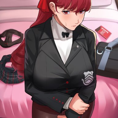 persona, persona 5, kasumi yoshizawa, sumire yoshizawa, dnumde, 1girls, angry, bed, bedroom, big breasts, blush, condom, condom wrapper, dubious consent, female