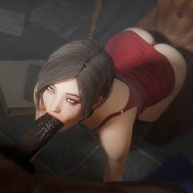 resident evil, resident evil 2 remake, ada wong, madrugasfm, 1girls, 2boys, asian, asian female, ass, butt, dark skin, dark-skinned male, doggy style, dress, indoors