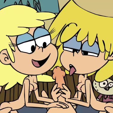 the loud house, leni loud, lincoln loud, lori loud, minus8, blonde hair, blowjob, double fellatio, fellatio, incest, kissing balls, kissing penis, licking penis, naked, oral